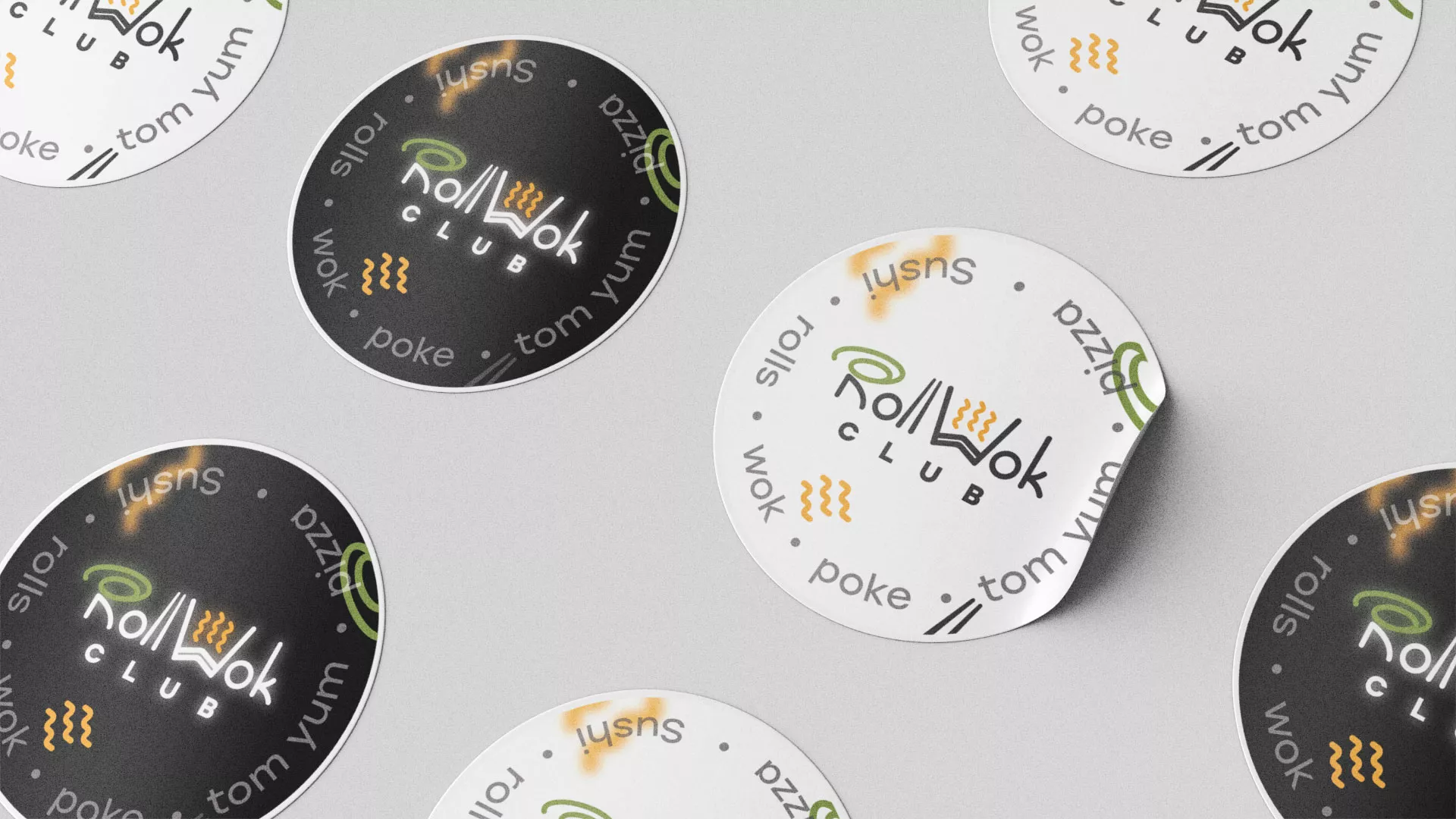 Разработка дизайна наклеек для суши-бара «Roll Wok Club» в Теберде